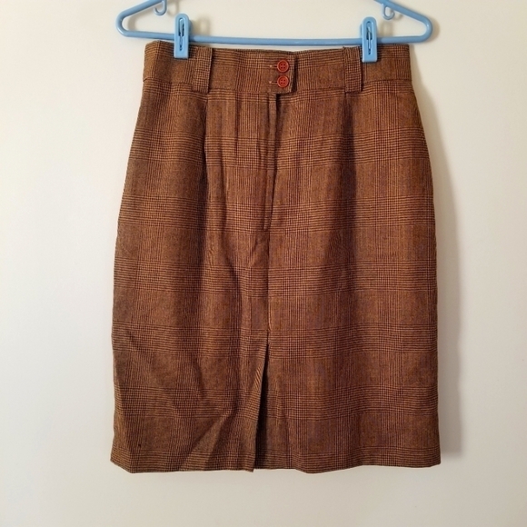 VINTAGE German Wool Pencil Plaid Skirt Size 38 Houndstooth Tweed Prep - Picture 2 of 10